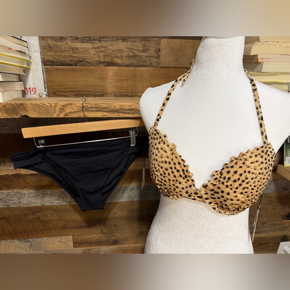 Shade & Shore Leopard Print Padded Halter Bikini Top with Black Bottom